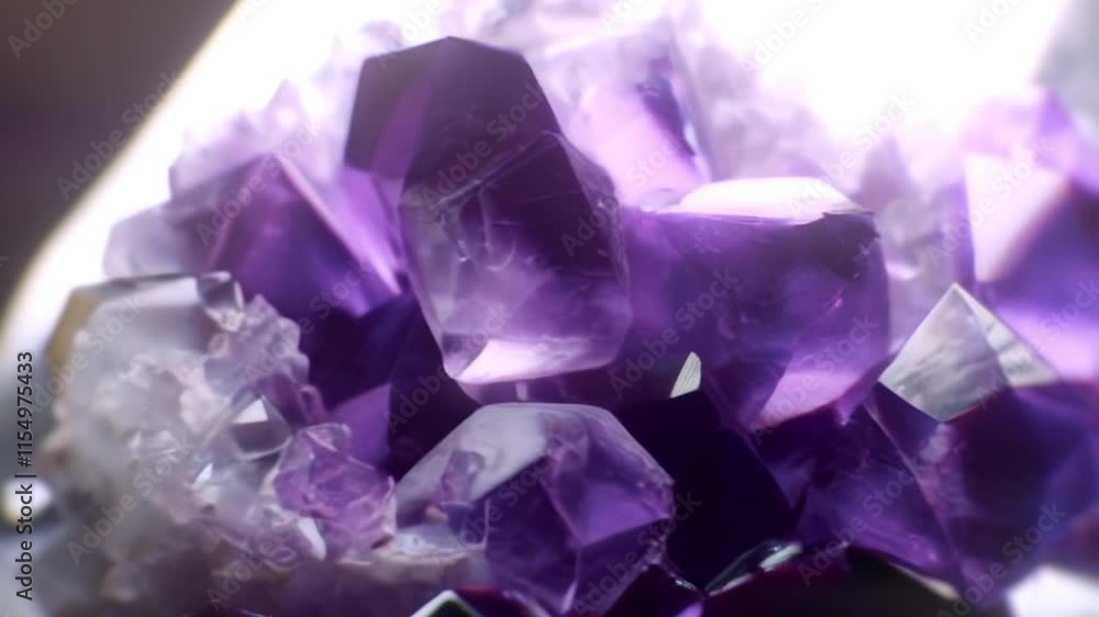 Abstract animation with smooth motion around a purple amethyst crystal on a dark background. Dynamic play of light and depth of field enhances the facets and textures of the crystal Abstract animation with smooth motion around a purple amethyst crystal on a dark background. Dynamic play of light and depth of field enhances the facets and textures of the crystal
