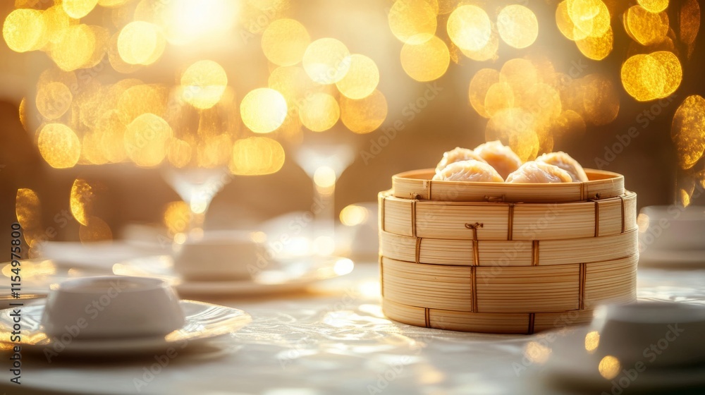 Steamed Dumplings In Bamboo Steamer On Table Steamed Dumplings In Bamboo Steamer On Table
