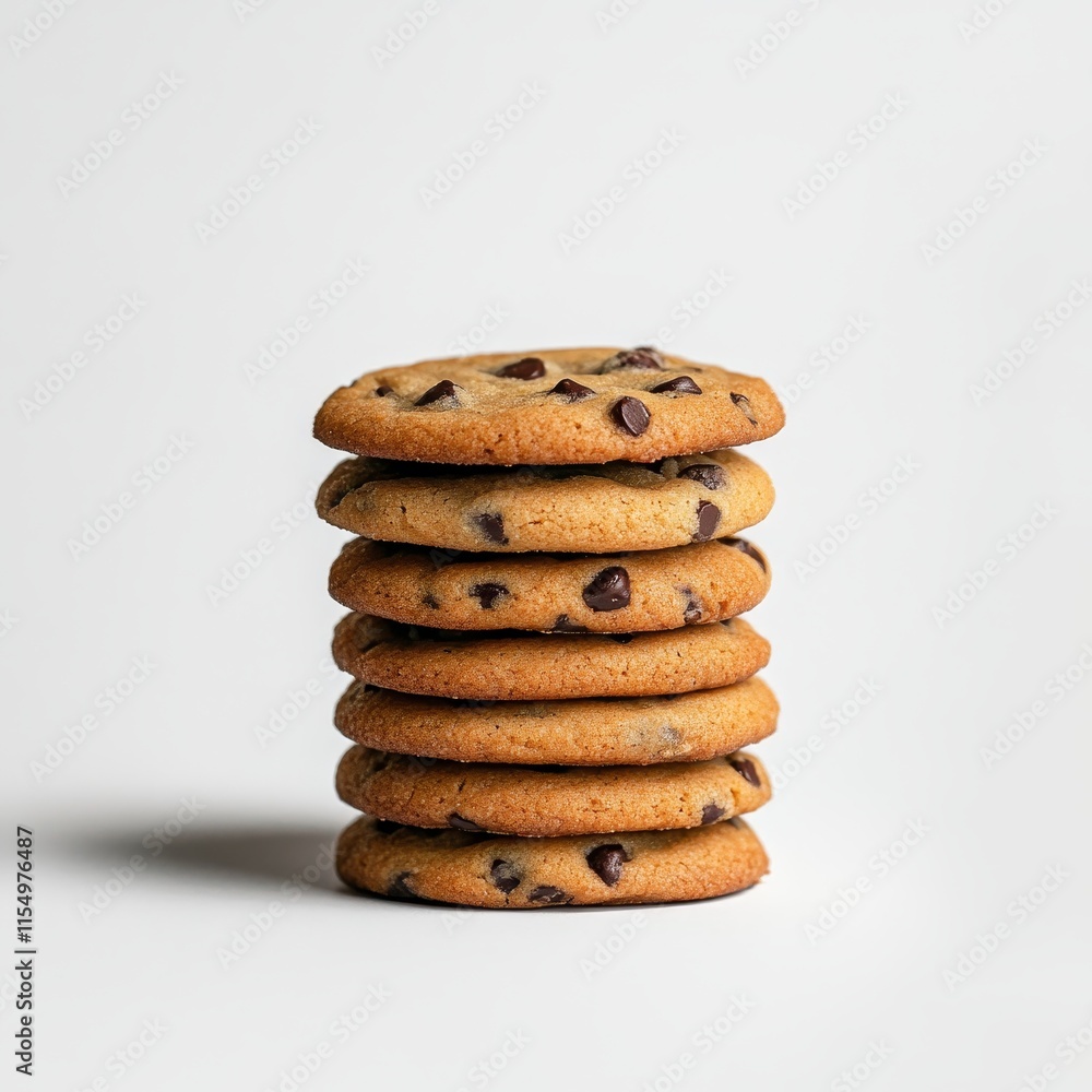 Stack of seven delicious chocolate chip cookies on white background. Stack of seven delicious chocolate chip cookies on white background.