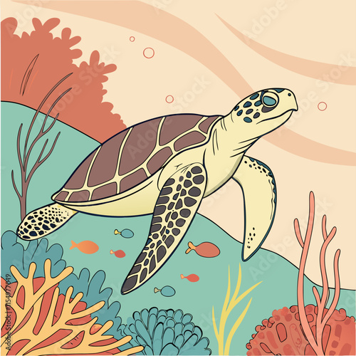 A detailed illustration of a Hawksbill sea turtle gracefully wandering through a vibrant coral reef, showcasing the beauty of marine life in its natural habitat.