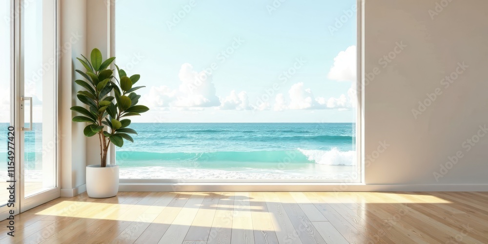 Fototapeta premium Serene Coastal Living Room with Ocean View and Potted Plant