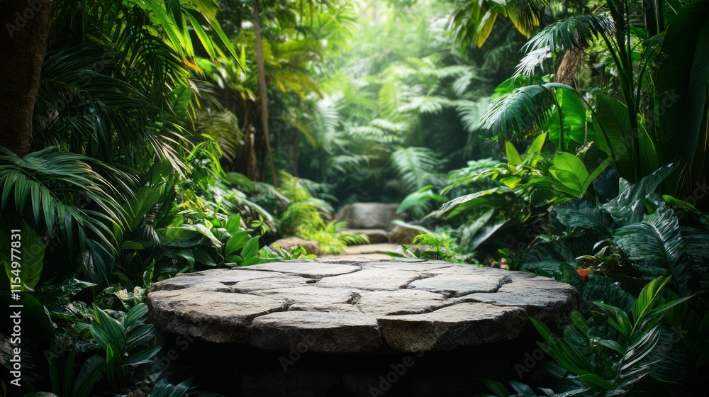Rustic stone tabletop in a lush outdoor garden, framed by blurred tropical leaves Rustic stone tabletop in a lush outdoor garden, framed by blurred tropical leaves