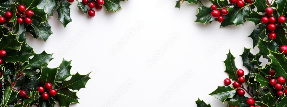 Christmas holly border with red berries on white.