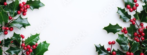 Festive holly berries and leaves border on white. (1)