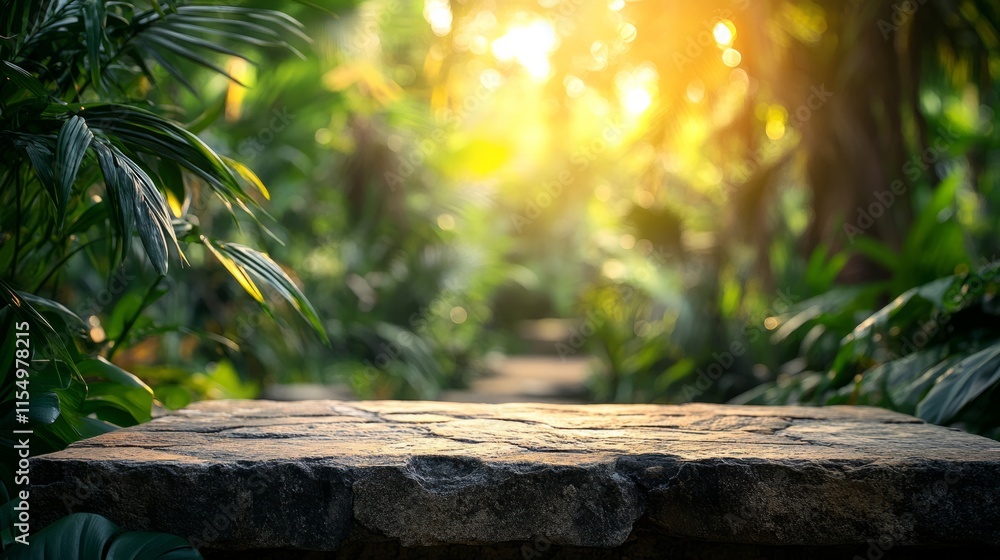 Weathered stone tabletop in a tropical garden, surrounded by vibrant blurred greenery Weathered stone tabletop in a tropical garden, surrounded by vibrant blurred greenery