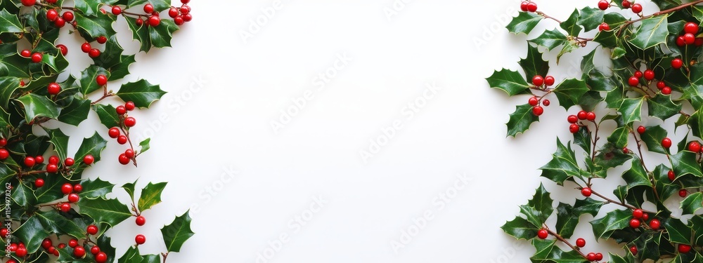 Festive Christmas Holly Border with White Background. Festive Christmas Holly Border with White Background.