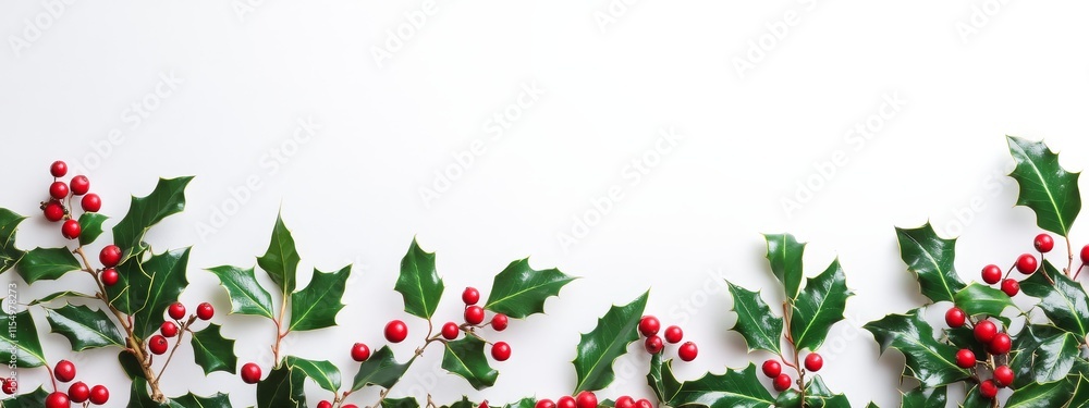 Festive holly and berries border on white. Festive holly and berries border on white.