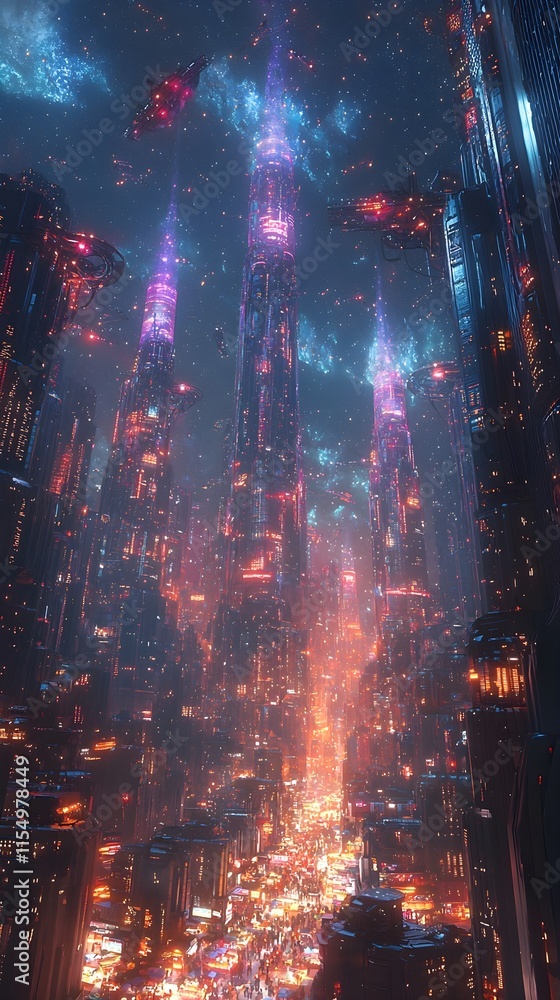 Fototapeta premium A futuristic cityscape with a glowing fiber optic labyrinth shimmering towers and pulsing iridescent cables