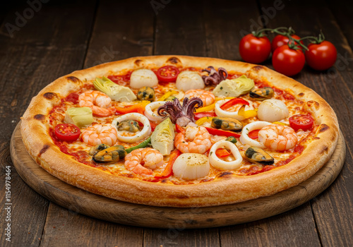 Deliciois pizza with seafood on wood table photo