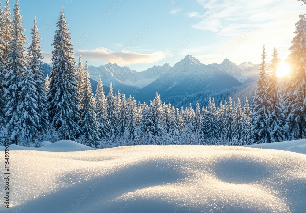 Obraz premium Majestic Snow-Covered Mountains Surrounded by Evergreen Trees Under a Clear Blue Sky at Sunrise, Capturing the Beauty of Winter Nature