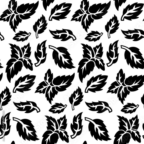 The pattern of mint twigs and leaves. Culinary herbs and spices, hand-drawn. The texture of mint leaves. Black silhouette on a white background. Seamless texture. Seasonings, spices, food additives