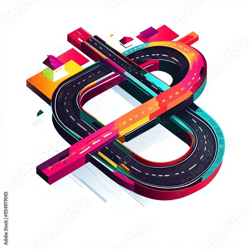 A modern abstract vector illustration of a highway designed as a looping infinity symbol, featuring bold geometric patterns and futuristic style against a white background. photo