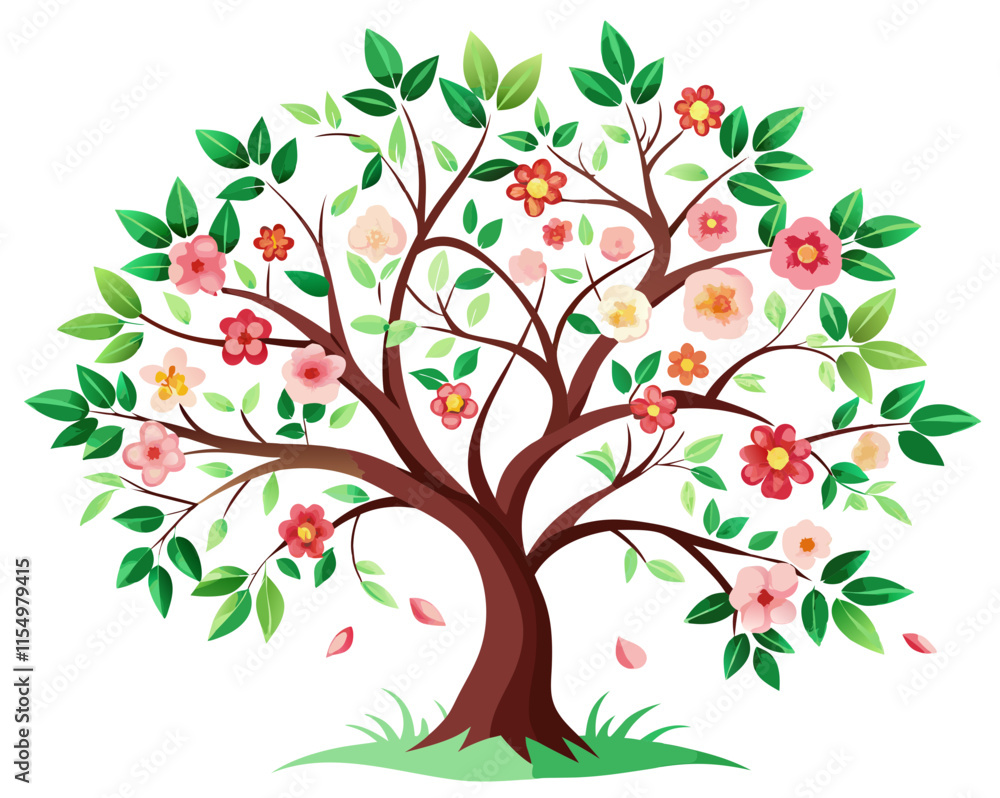 Floral Tree Illustration – Beautiful Blooming Tree with Leaves and Flowers on a White Background. Floral Tree Illustration – Beautiful Blooming Tree with Leaves and Flowers on a White Background.