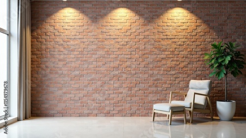 Serene Interior Design Featuring a Light-Colored Armchair and Ottoman Against a Brick Wall
