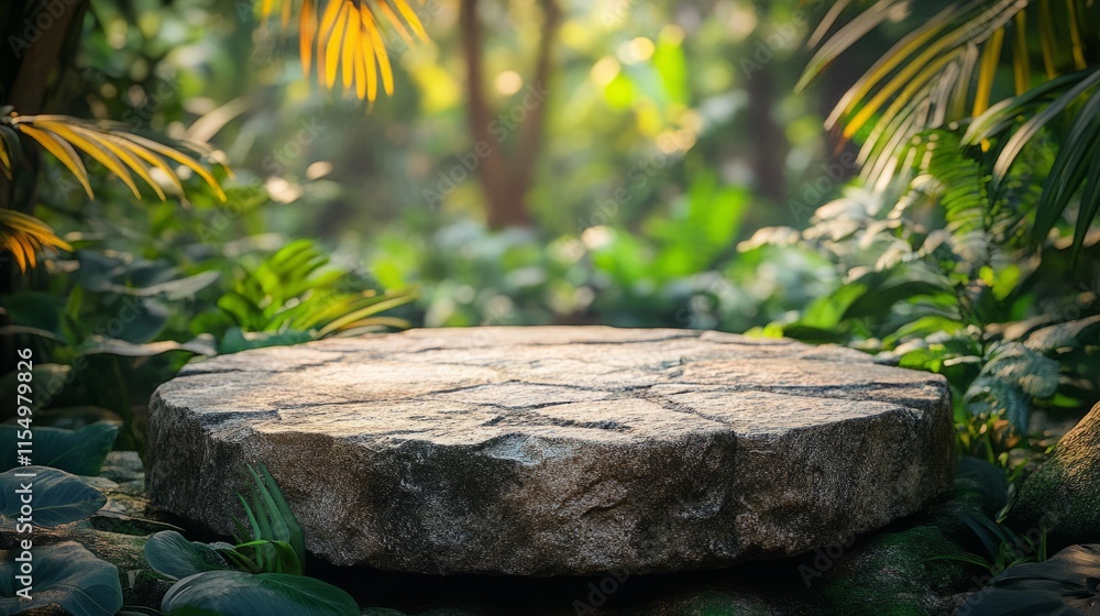 Weathered stone tabletop in a tropical garden, surrounded by vibrant blurred greenery Weathered stone tabletop in a tropical garden, surrounded by vibrant blurred greenery