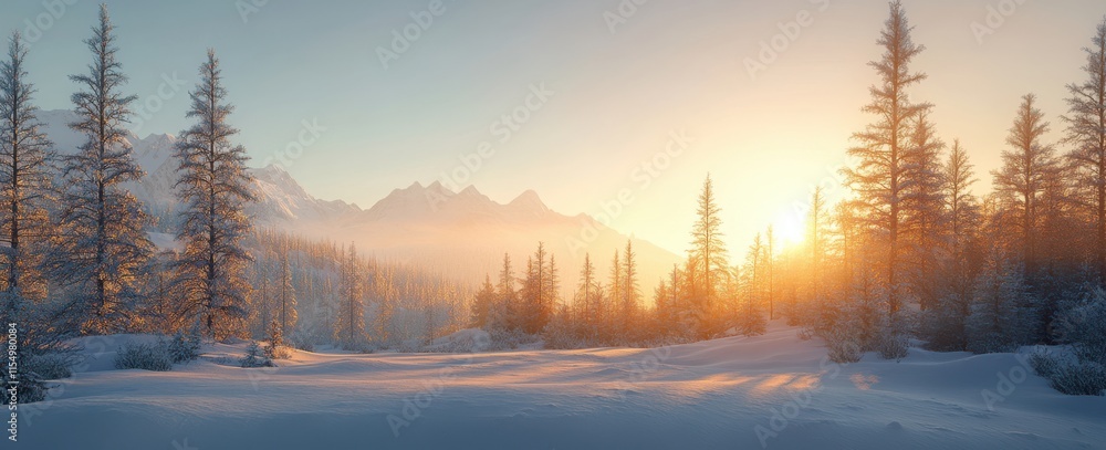 Majestic Winter Landscape at Sunrise with Snow-Covered Terrain and Pine Trees in the Background, Capturing the Tranquility of Nature's Beauty Majestic Winter Landscape at Sunrise with Snow-Covered Terrain and Pine Trees in the Background, Capturing the Tranquility of Nature's Beauty