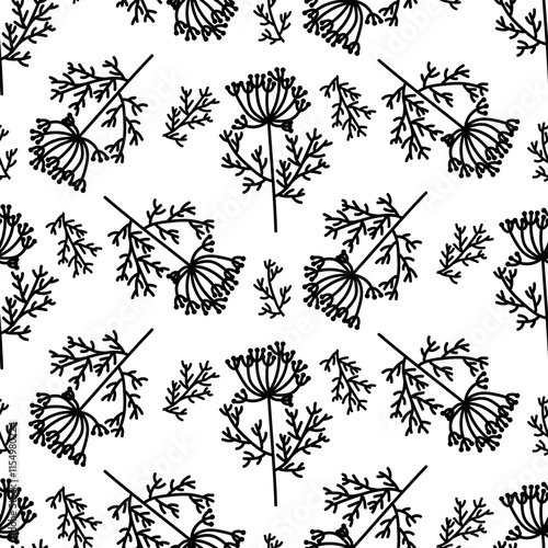 pattern dill and cumin, twigs, flowers. Culinary herbs and spices, hand-drawn. Seamless grass is symmetrical. black outline on white. Vector illustration. Seasonings, spices, food additives, art deco