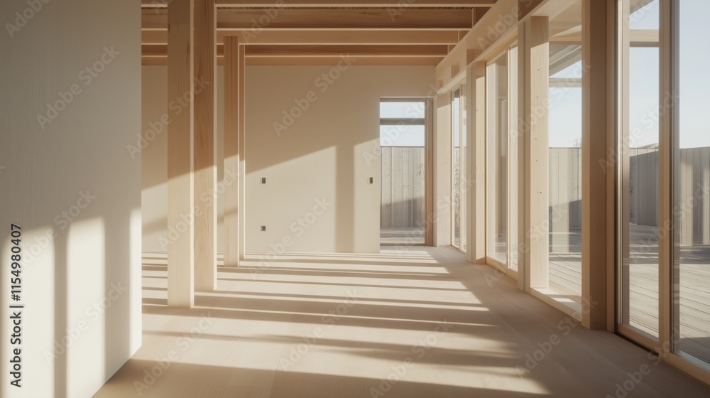 Fototapeta premium Modern interior design in a spacious, sunlight-filled living area with wooden beams and large windows.
