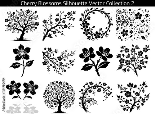 Set of Cherry Blossoms Silhouette Vector Illustration