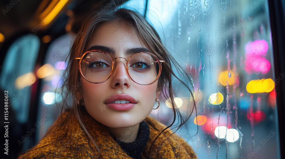 Close-up of a young woman with glasses looking thoughtfully out of a rainy window in a cozy bus setting during a vibrant city evening