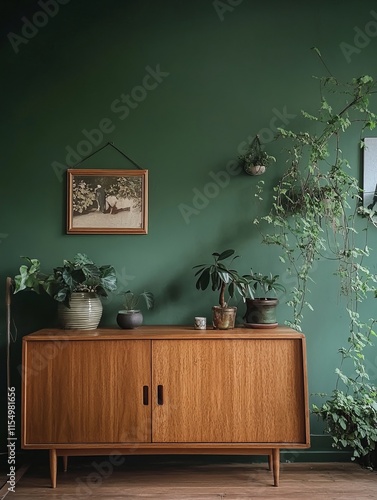Mid Century Modern Wooden Cabinet With Plants And Artwork