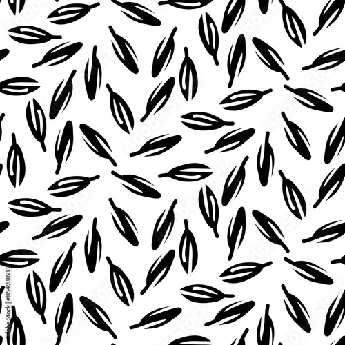 The cumin seed pattern. Big-ass. Culinary herbs and spices, hand-drawn. Seamless grass is chaotic. A black outline on a white background. Vector illustration. Seasonings, spices, food additives