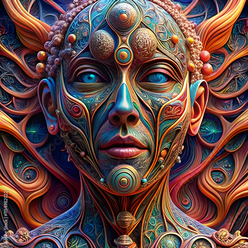 A psychedelic portrait of a woman with intricate patterns.