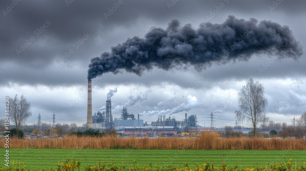 Factory Pollution in Rural Town Under Overcast Sky Factory Pollution in Rural Town Under Overcast Sky