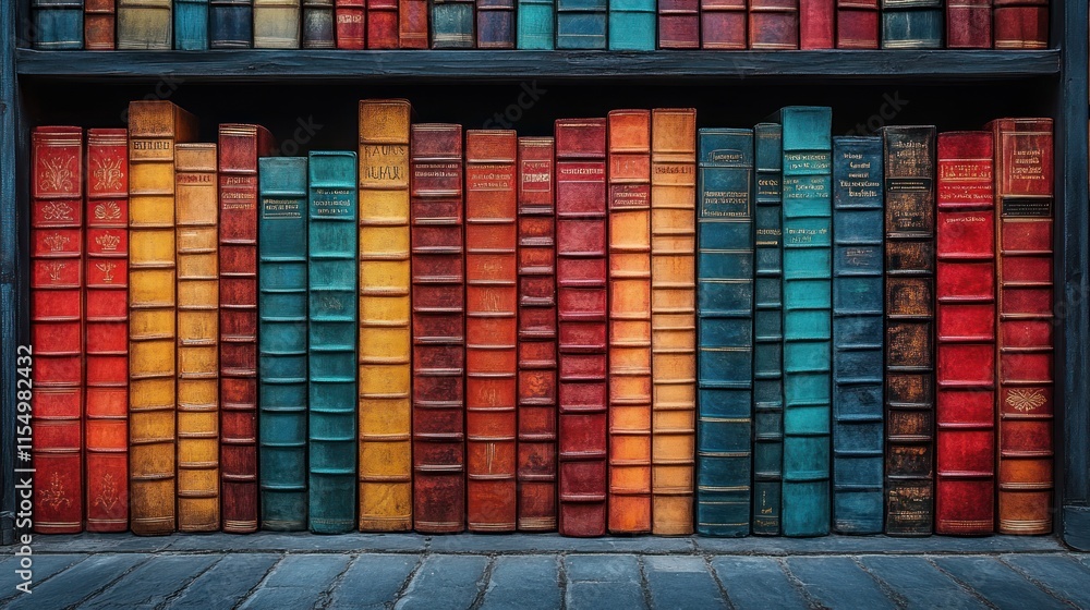 Fototapeta premium A colorful bookshelf filled with vintage books.