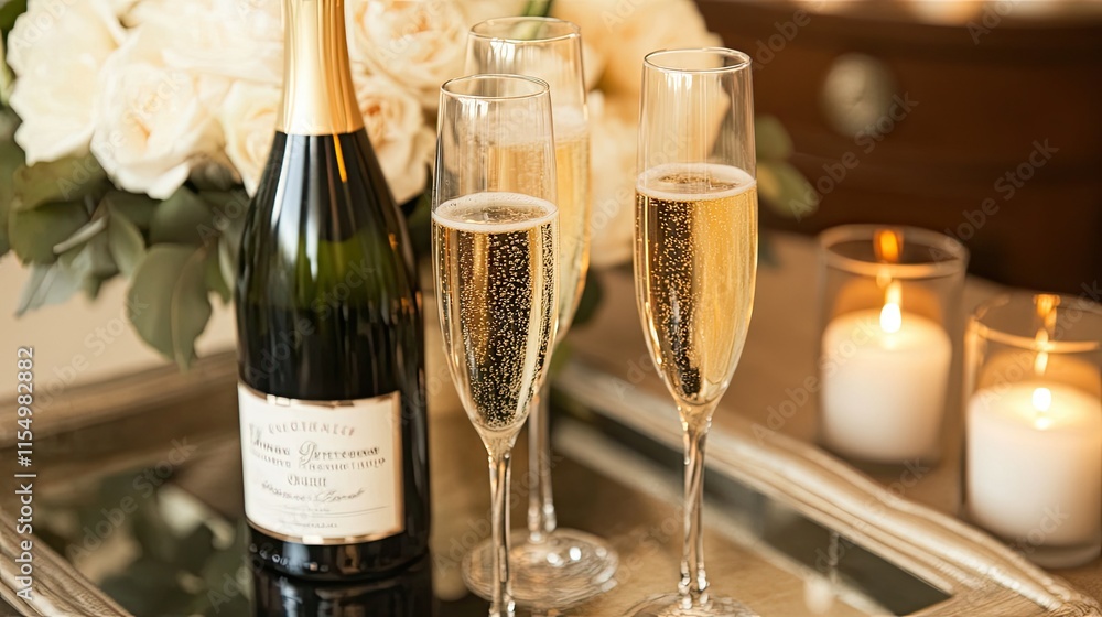 Elegant Champagne Toast with Flowers and Candles for Celebration Elegant Champagne Toast with Flowers and Candles for Celebration