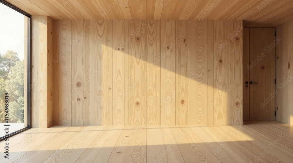 Serene Minimalist Room with Wooden Walls and Sunlight Streaming Through a Large Window Serene Minimalist Room with Wooden Walls and Sunlight Streaming Through a Large Window