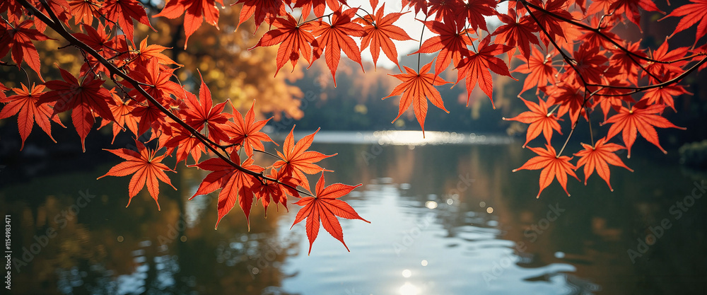 Vibrant autumn leaves reflecting on a tranquil lake in Japan during a sunny afternoon Vibrant autumn leaves reflecting on a tranquil lake in Japan during a sunny afternoon