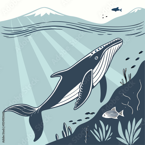 A stunning vector illustration of a humpback whale gracefully swimming in the deep sea, showcasing its majestic movement and the serene ocean environment.