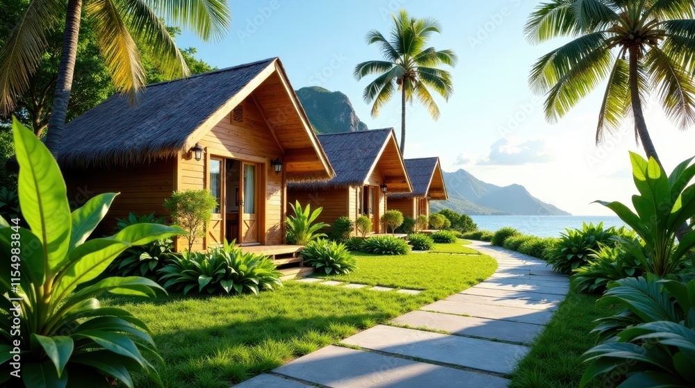 Tropical Getaway Luxurious Wooden Cabanas on a Secluded Beach with Lush Greenery and a Tranquil Pathway Tropical Getaway Luxurious Wooden Cabanas on a Secluded Beach with Lush Greenery and a Tranquil Pathway