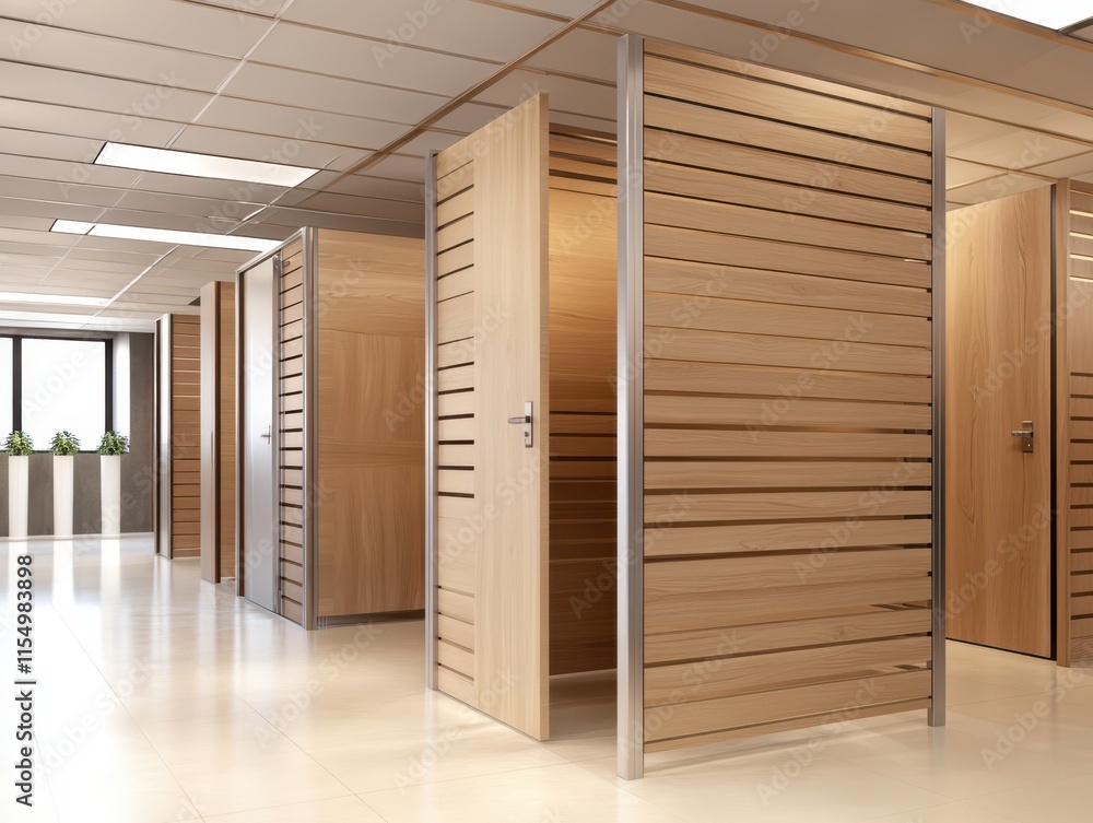 Fototapeta premium Modern Office Space Featuring Wooden Partition Walls, Bright Lighting, Clean Lines, and Open Layout for Enhanced Collaboration and Privacy in Work Environments