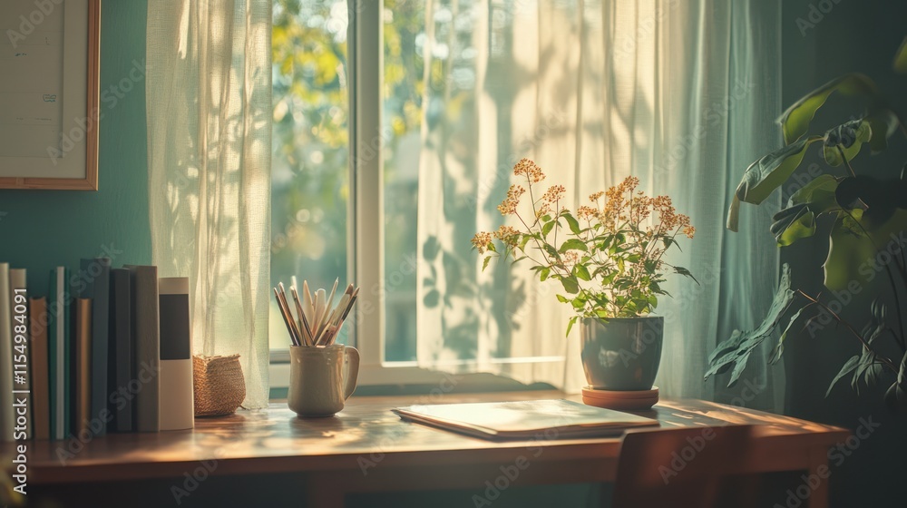 Sunlit home office desk with plants, books, and stationery. Sunlit home office desk with plants, books, and stationery.