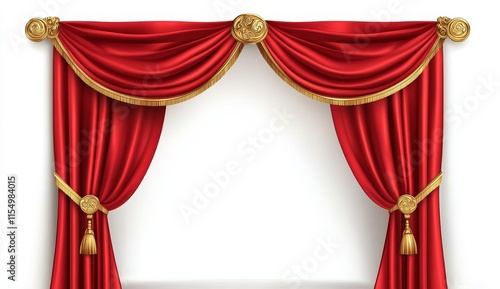 Red velvet stage curtains with gold trim and tassels. photo