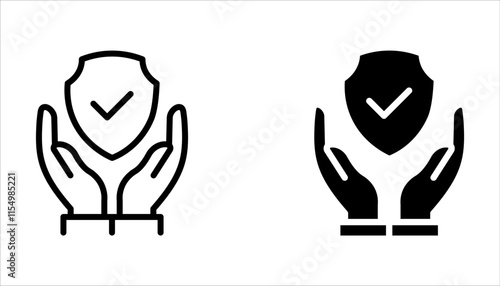Insurance hand icon set. Shield with checkmark on hand symbol. Protection icon on white background