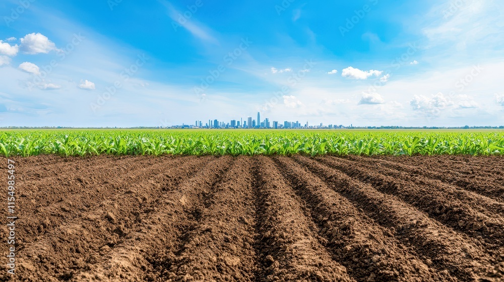 Degraded Soil Concept, Urban Skyline Above Green Fields with Blue Sky and Cloudscape in Distance During Bright Daylight Degraded Soil Concept, Urban Skyline Above Green Fields with Blue Sky and Cloudscape in Distance During Bright Daylight