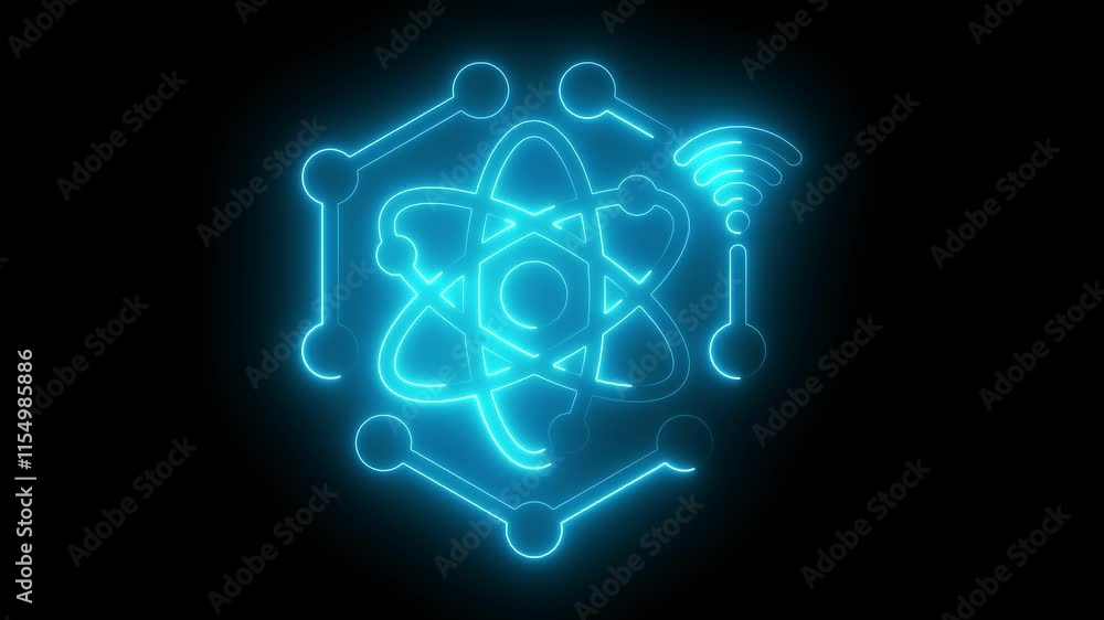 Quantum technology icon animation by cyan color neon on black background. Quantum technology icon animation by cyan color neon on black background.