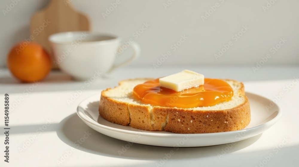 A sunlit slice of bread topped with fruit spread and a pat of butter on a white plate A sunlit slice of bread topped with fruit spread and a pat of butter on a white plate