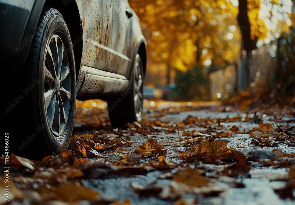 Fototapeta premium Rustic Autumn Scene with a Dirty Car Tire Amidst Colorful Fallen Leaves on a Rainy Pathway Surrounded by Golden Trees and Vibrant Nature