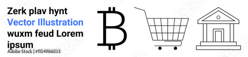 Contains three icons a Bitcoin symbol shopping cart and bank Ideal for financial, technology finance cryptocurrency e-commerce and banking themes Banner for landing page