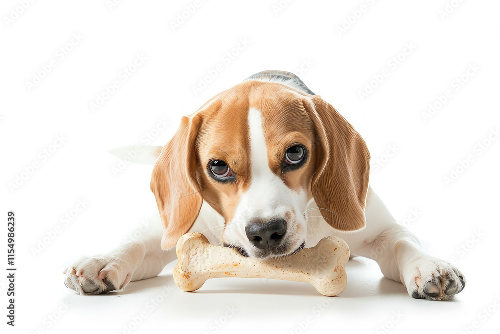 A beagle dog lying down with a bone, looking at the camera. isolated on white background