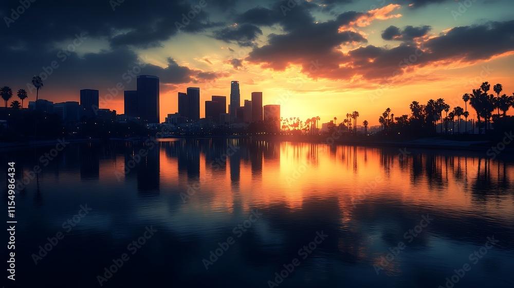 Fototapeta premium Los Angeles Skyline at Sunset, Cityscape Reflection