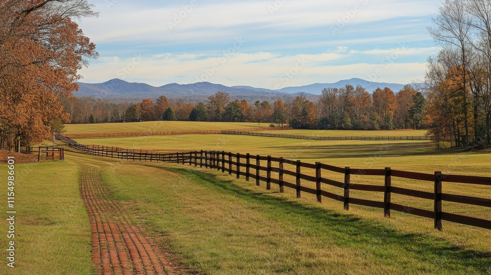 Serene Landscape with Fenced Pathway and Rolling Mountains Background Serene Landscape with Fenced Pathway and Rolling Mountains Background