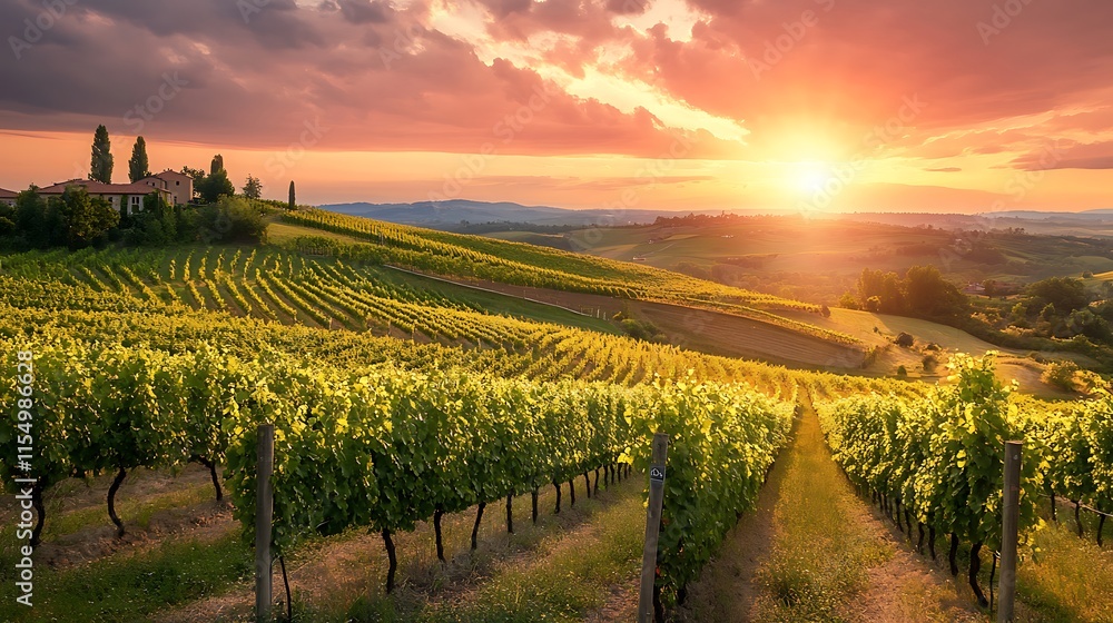 Fototapeta premium Tuscan Vineyard Sunset. Scenic landscape of rolling hills, vineyards, and a beautiful sunset.