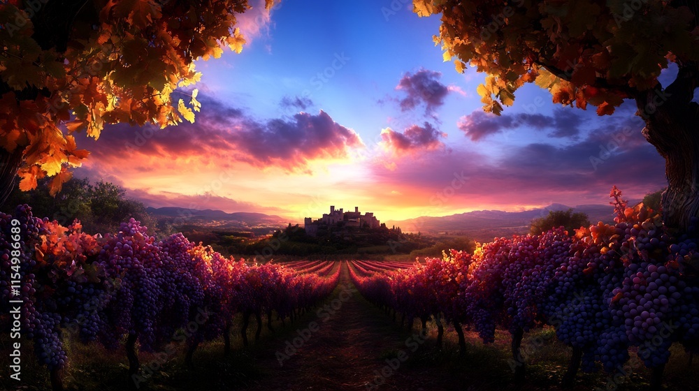 Obraz premium Autumn Vineyard Sunset with Medieval Castle in the Background