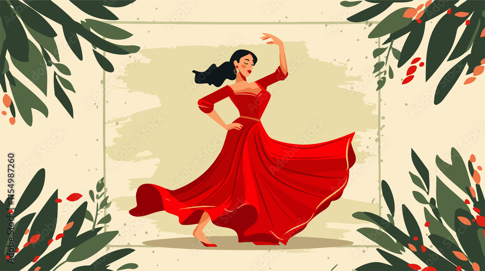 Fototapeta premium Elegant Woman Dancing Flamenco in Vibrant Red Dress Illustration