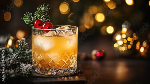 glass of cocktail with christmas decorations